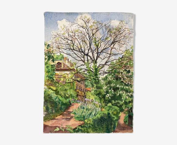 Aquarelle maison aux iris vintage