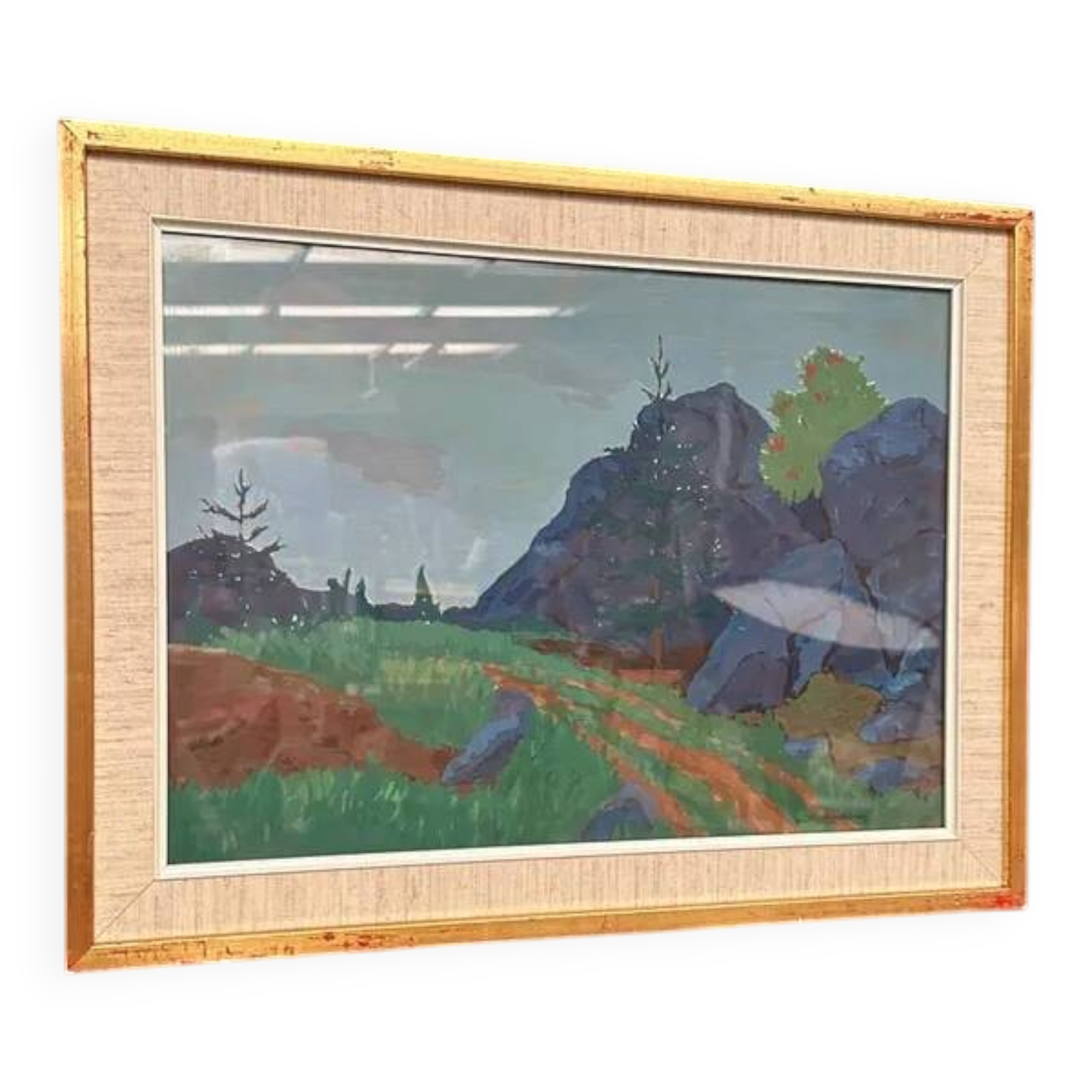 Original Swedish Gouache – "Landscape" by Willy Lindeberg – Signed – Vintage and Framed – 54.5 × 41.5 cm (21.5" × 16.3")