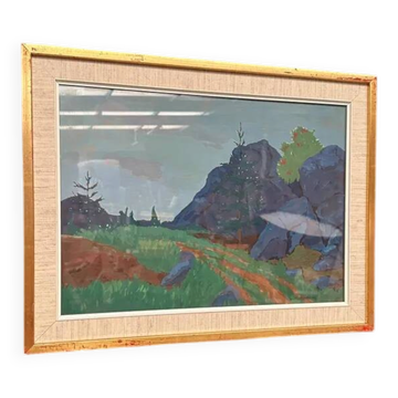 Original Swedish Gouache – "Landscape" by Willy Lindeberg – Signed – Vintage and Framed – 54.5 × 41.5 cm (21.5" × 16.3")