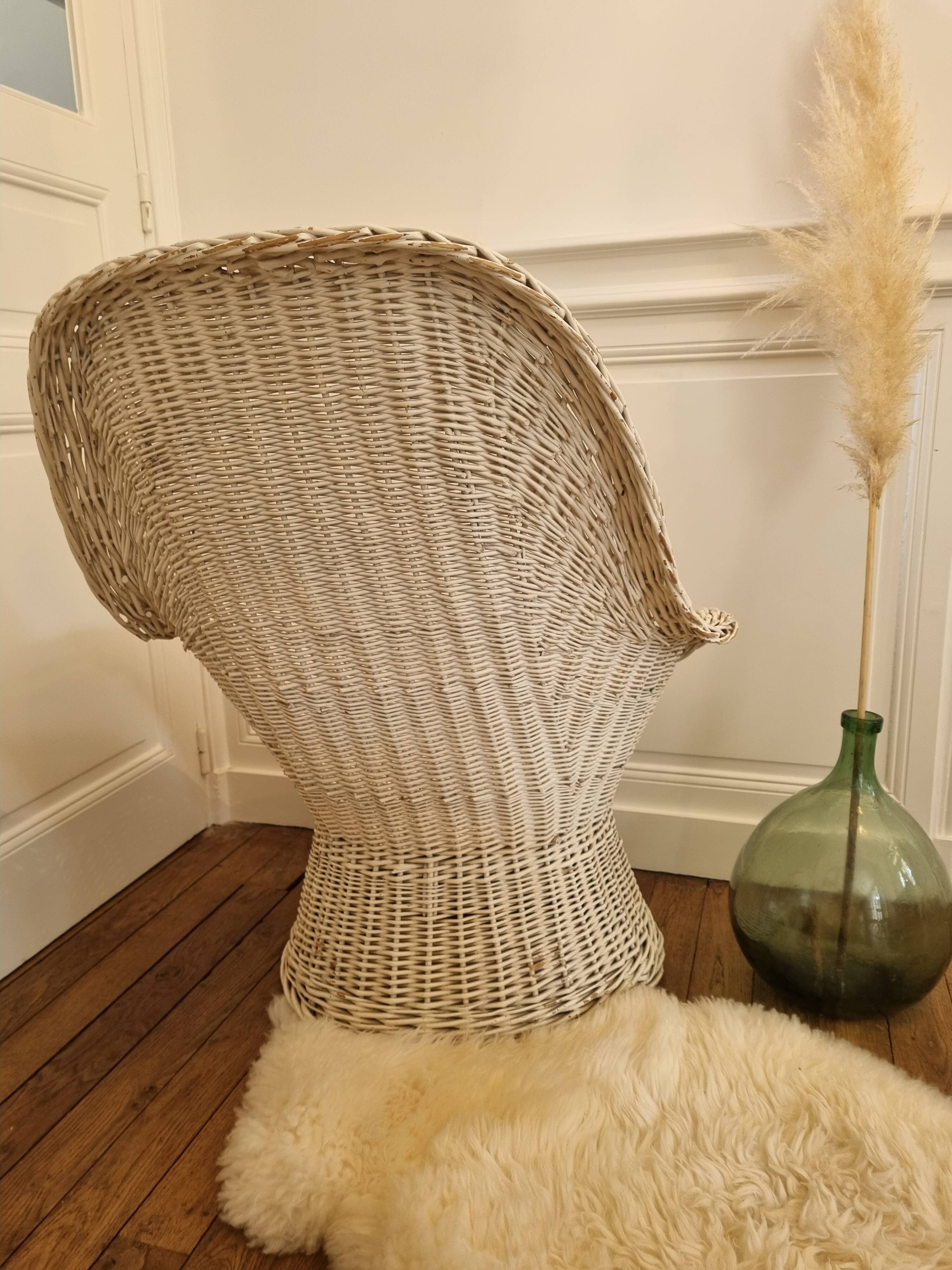 Vintage white rattan armchair