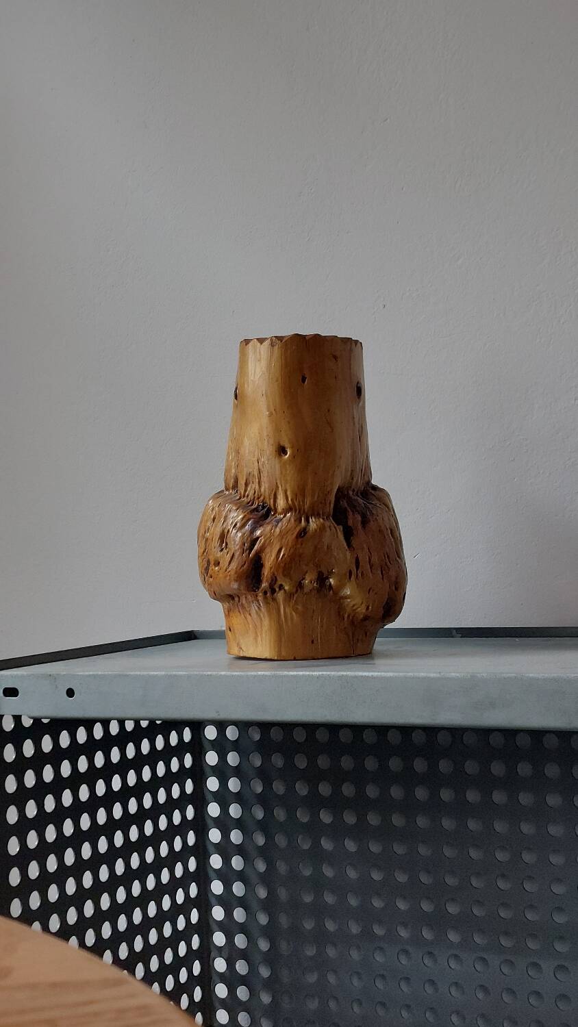 Vintage brutalist hand-carved burl wood vase