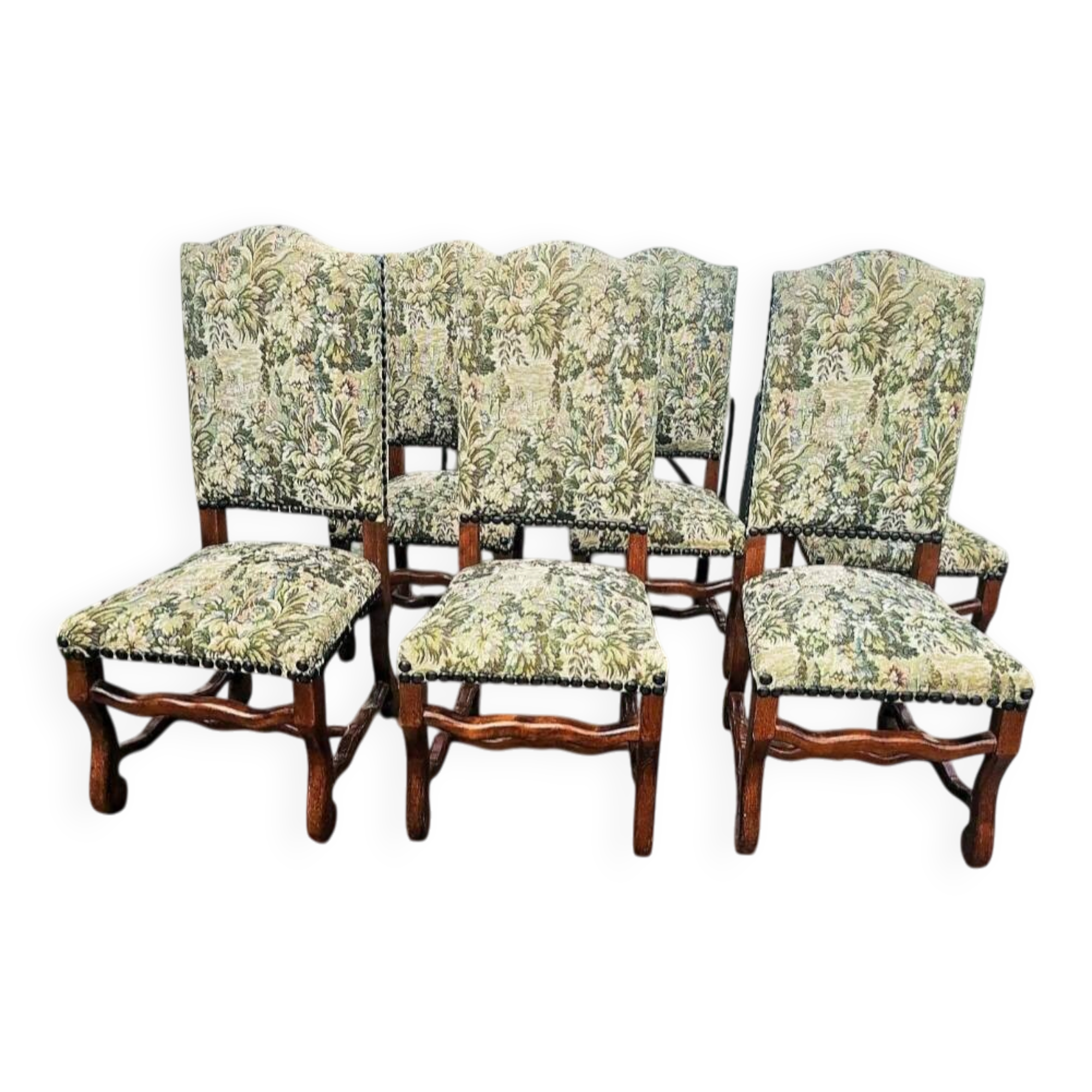6 Louis XV style solid wood chairs with jacquard upholstery.