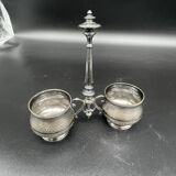 Saleron double, métal argenté, socle rond, prise, décor gravé, décoration de table, chic, poinçon