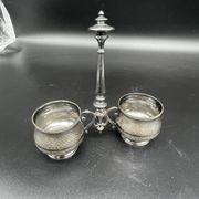 Double salt dish, silver metal, round base, socket, engraved decor, table decoration, chic, hallmark