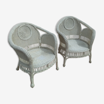 Pair of white rattan armchairs