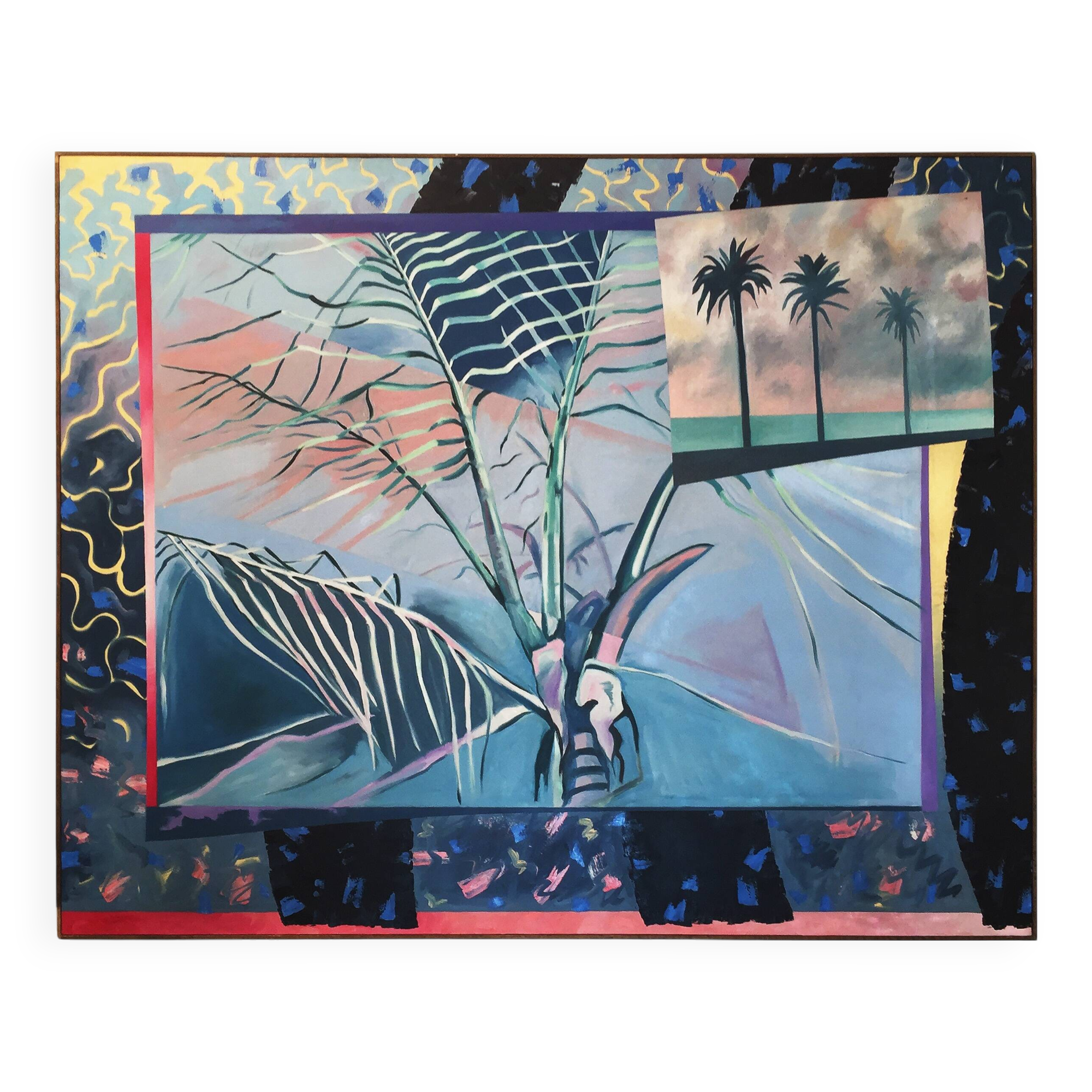Richard Frank 'Palm's Parade' Painting, Oil On Canvas 1980s Miami Palm Tree Postmodern Art