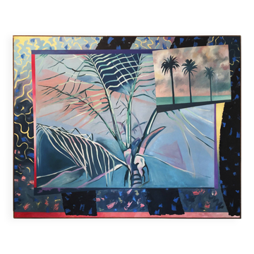 Peinture à l'huile sur toile « Palm's Parade » de Richard Frank, années 1980, palmier de Miami, art postmoderne