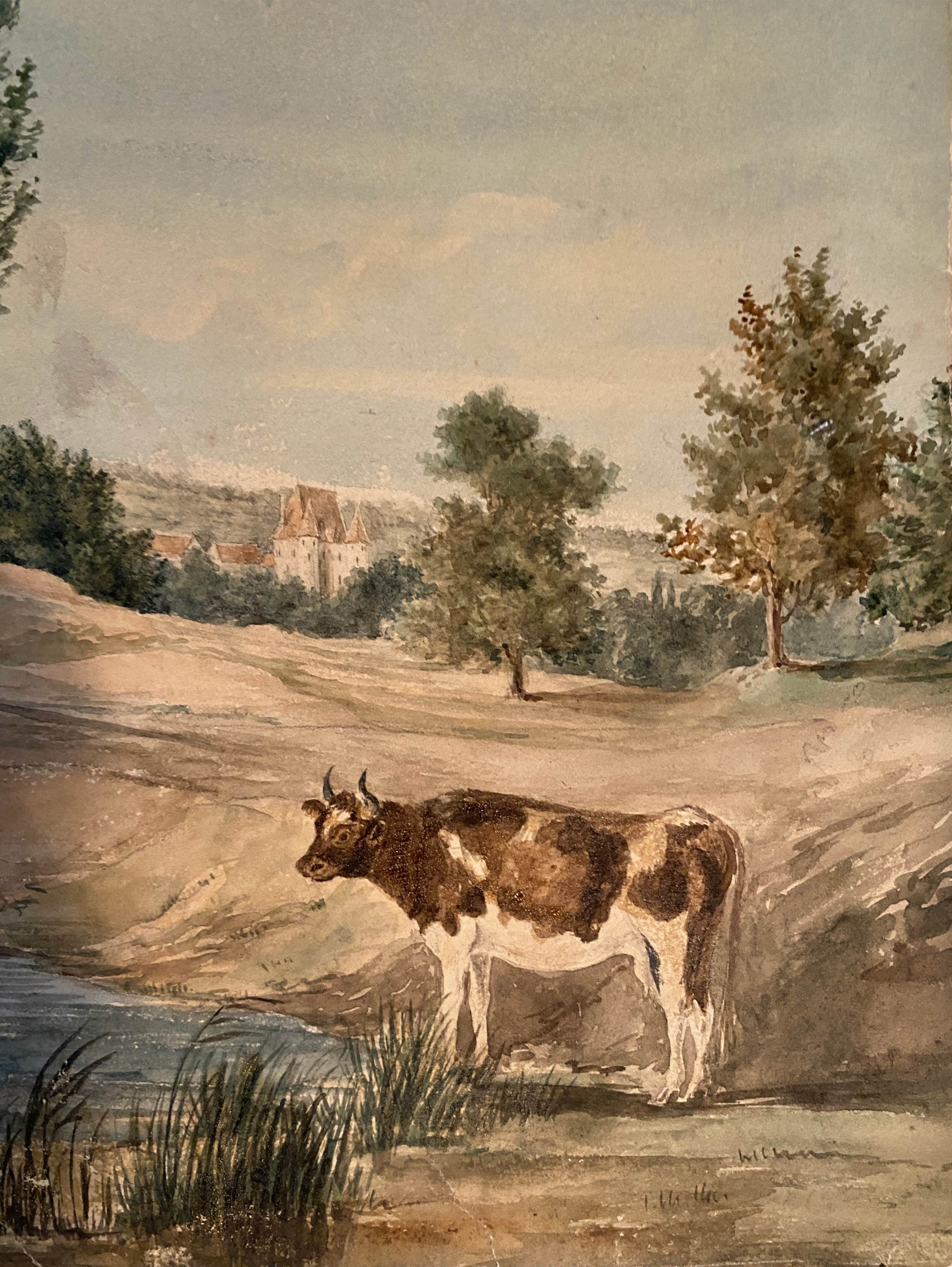 Watercolor painting "Landscape with Abbey village and pasture" XIXth century