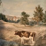 Tableau aquarelle "Paysage avec Abbaye village et pâturage" XIX° siècle