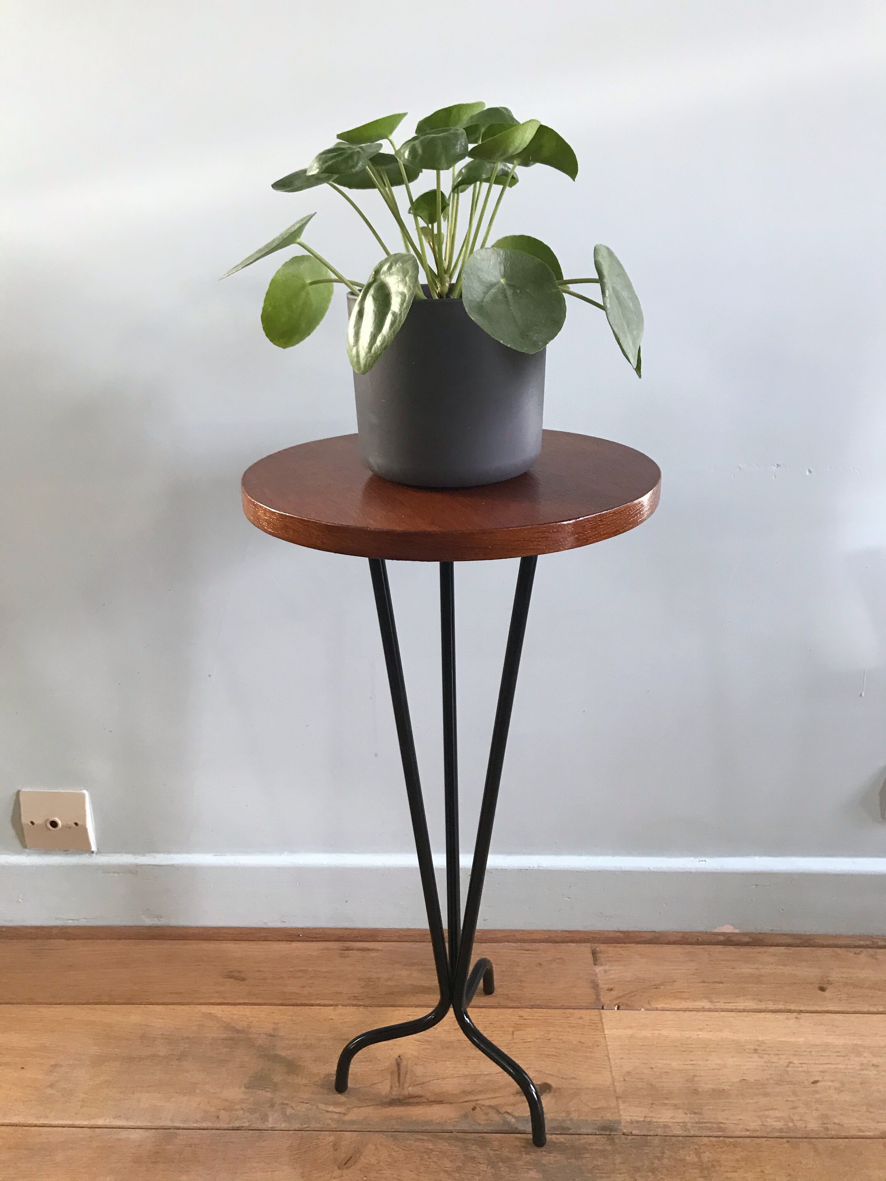 Vintage tripod harness round wooden top on black lacquered metal stand