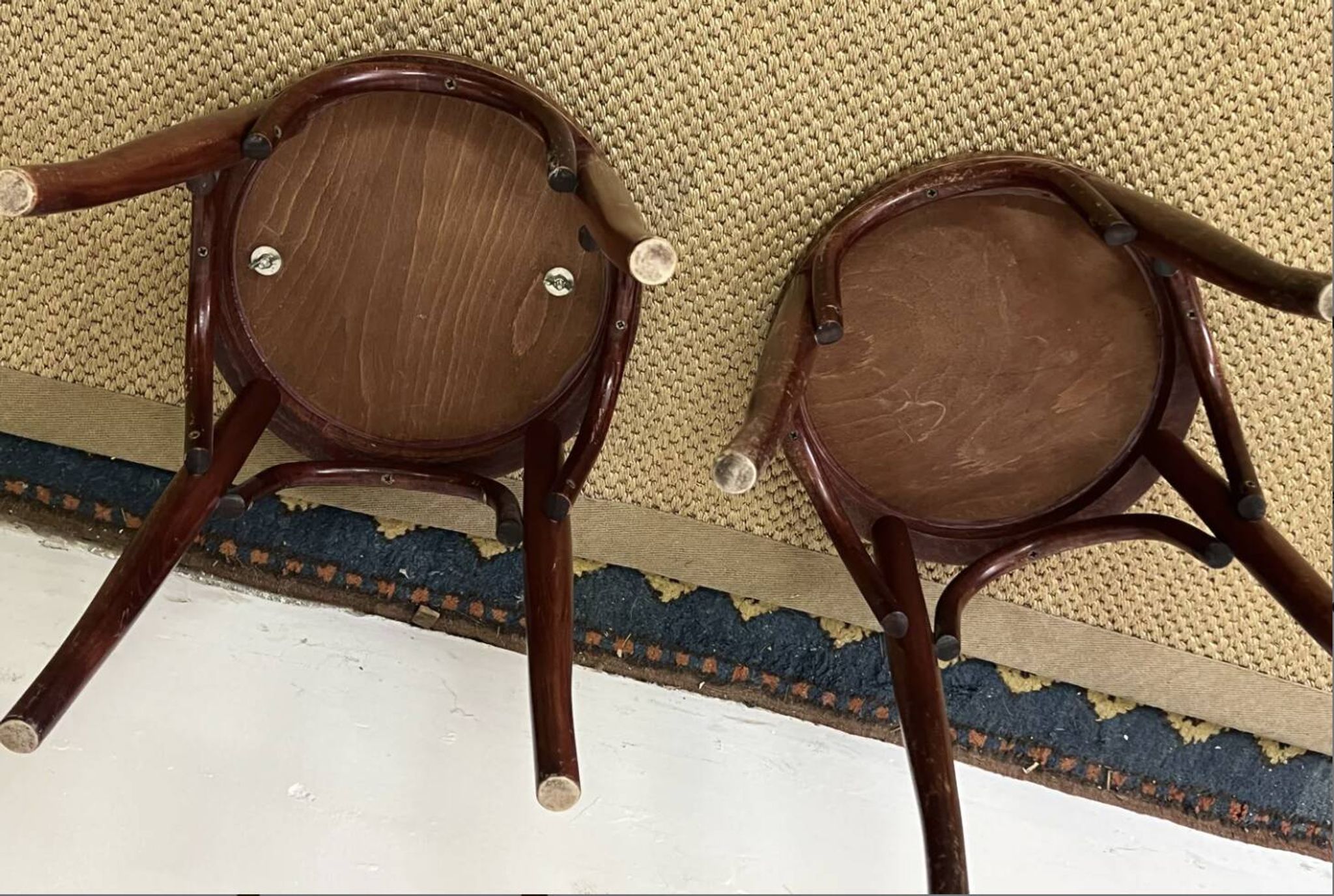 Pair of low stools in curved wood, vintage "Thonet" style