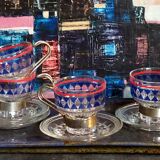 Four vintage coffee cups screen printed glass and metal