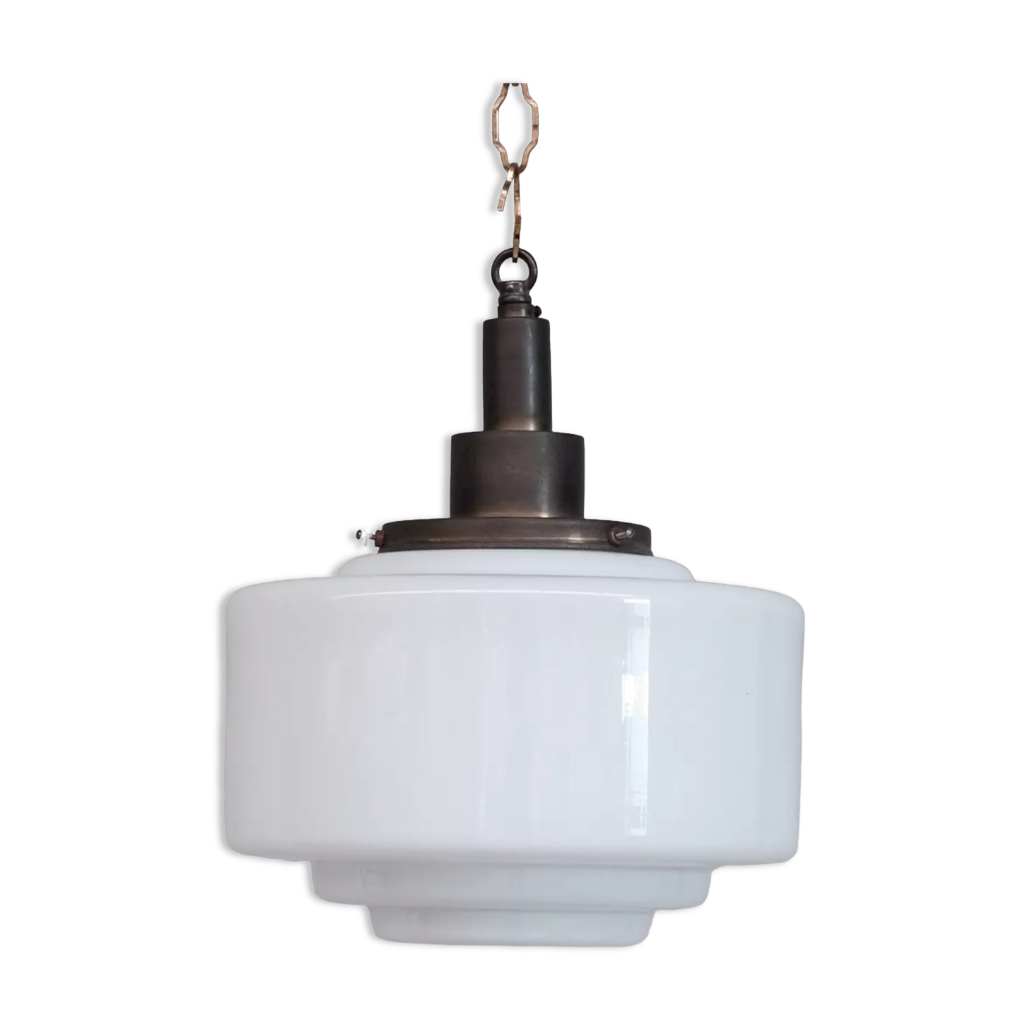 Patinated Brass and Opaline Glass Stepped Pendant Light