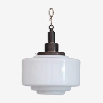 Patinated Brass and Opaline Glass Stepped Pendant Light