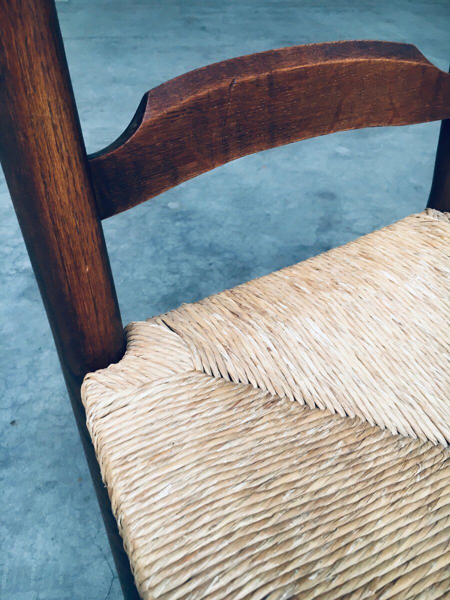 Rustic Ladder Back Oak and Rush Dining Chairs, 1960s, Set of 4