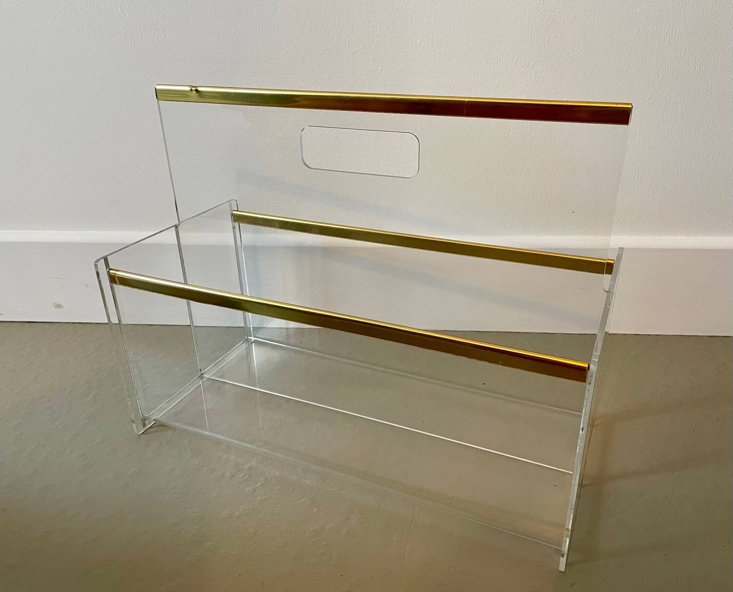 80s Plexiglas and brass magazine rack