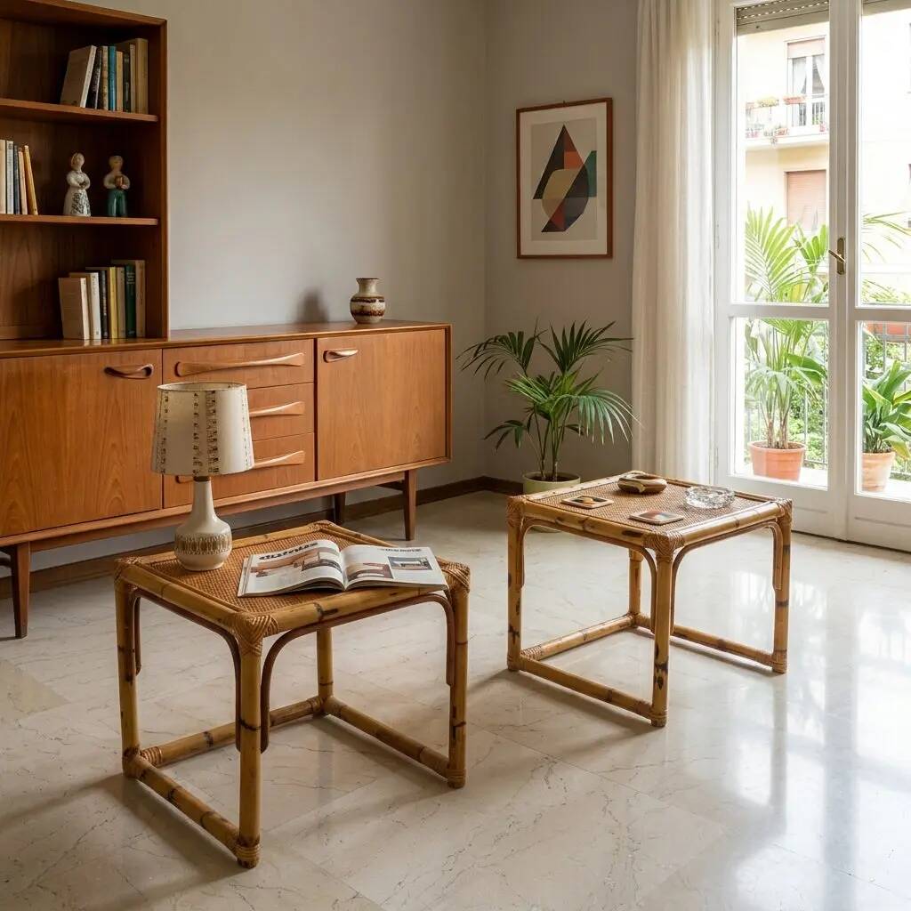 Vintage coffee tables in walnut and bamboo, Italian design 1970s-1980s.
