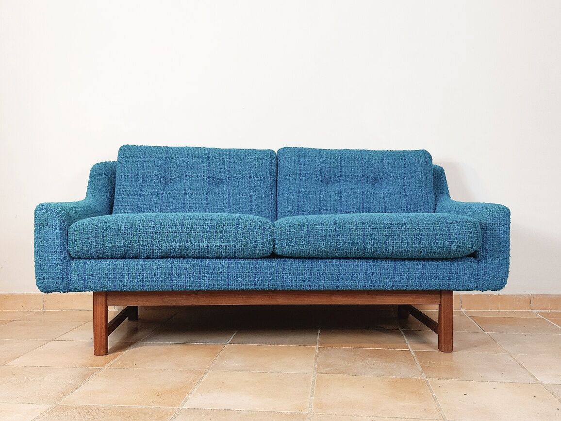 Norwegian living room set in blue fabric, vintage scandinavian 1960s
