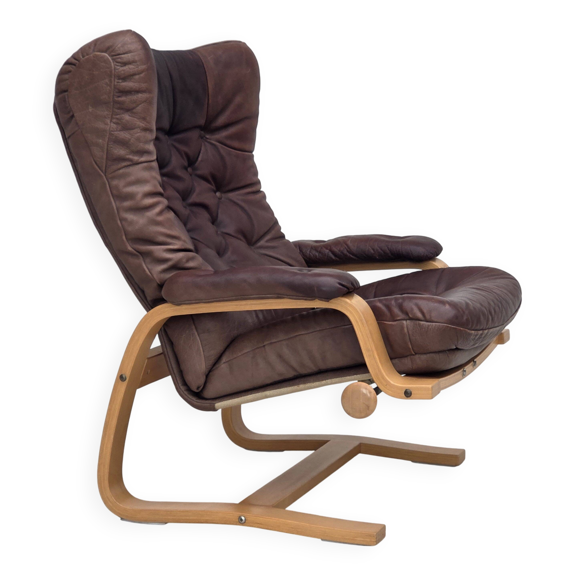 1970s, Scandinavian adjustable armchair, furniture leather, bentwood.