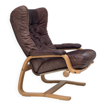 Fauteuil scandinave ajustable des années 1970, cuir de meuble, bois cintré.