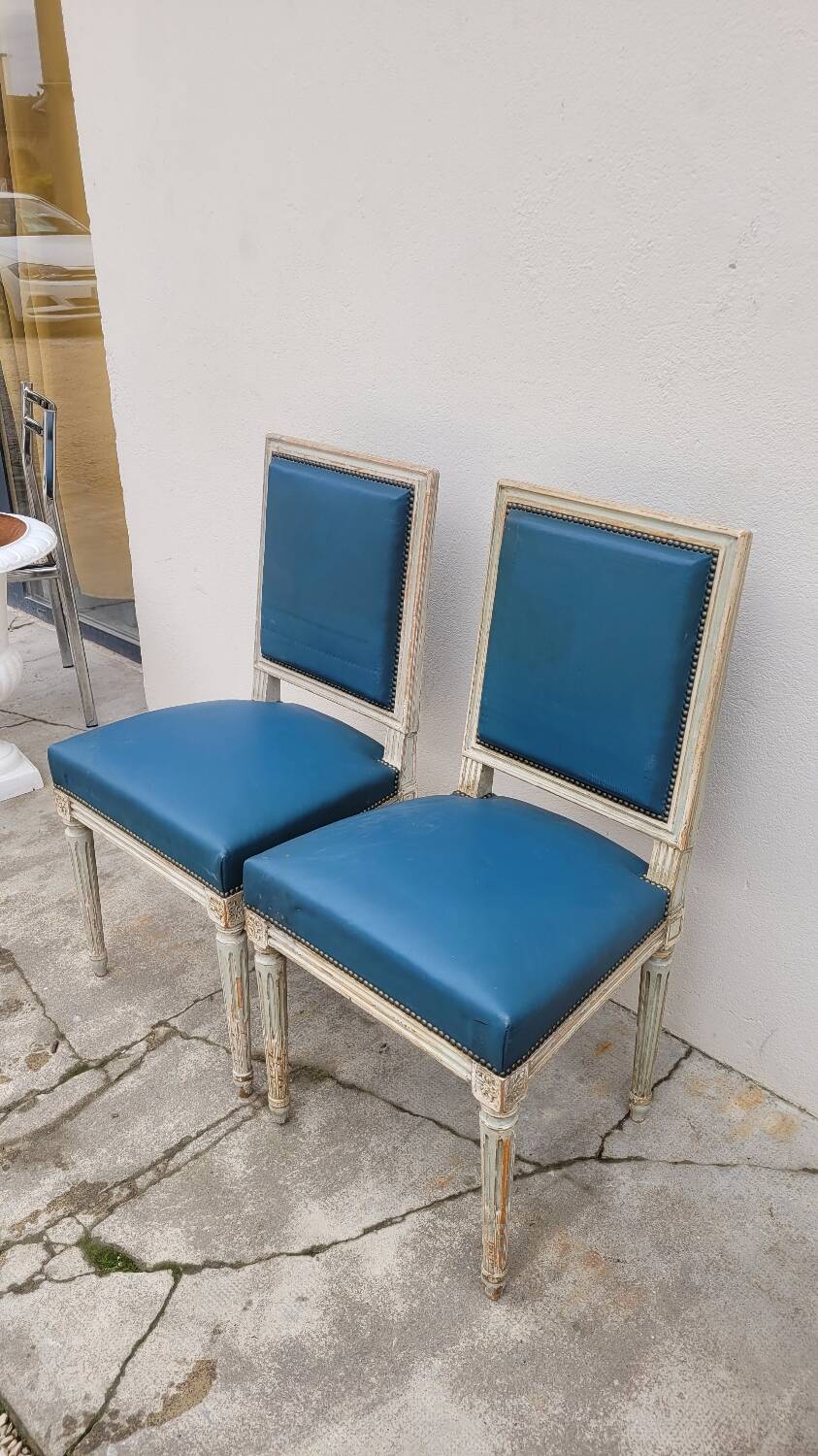 Pair of antique Louis XVI style chairs with patina