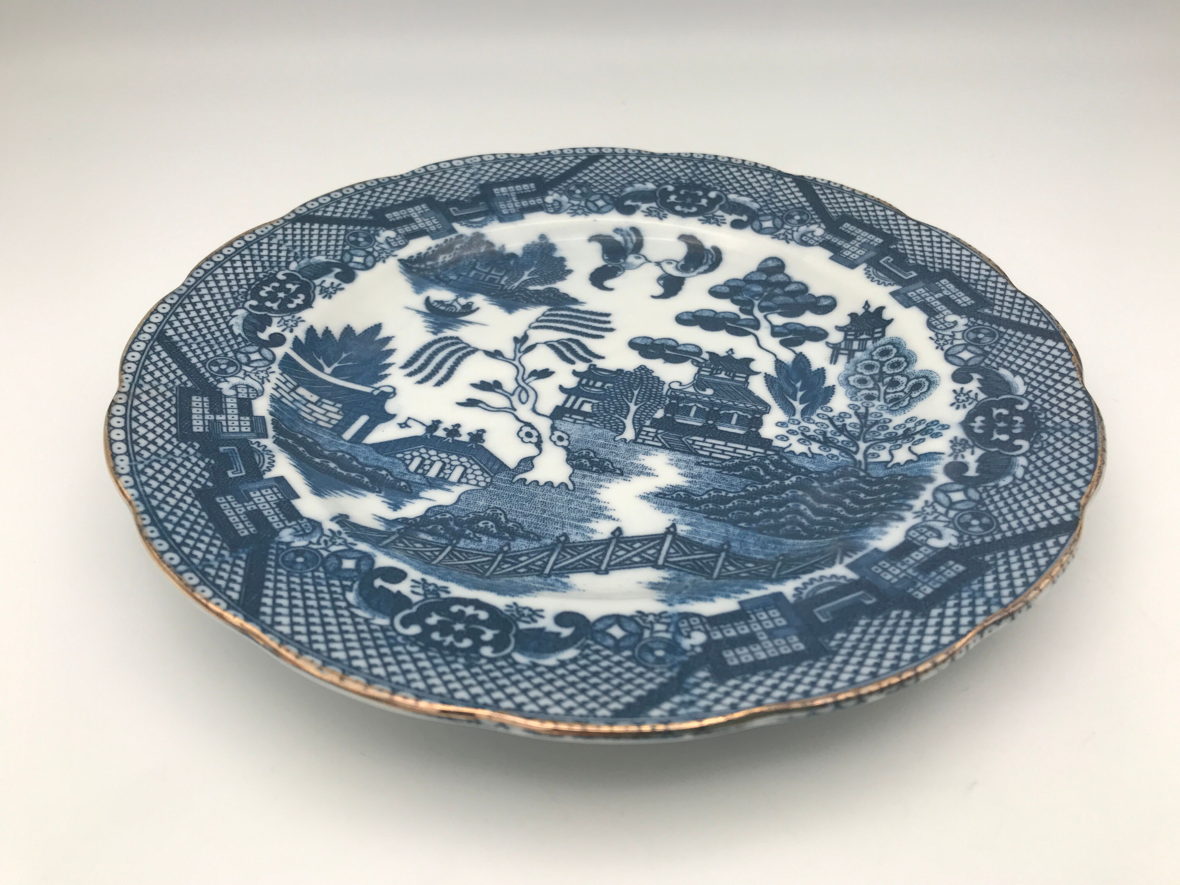 Old earthenware plate with decoration of landscape of asia 19.5 cm