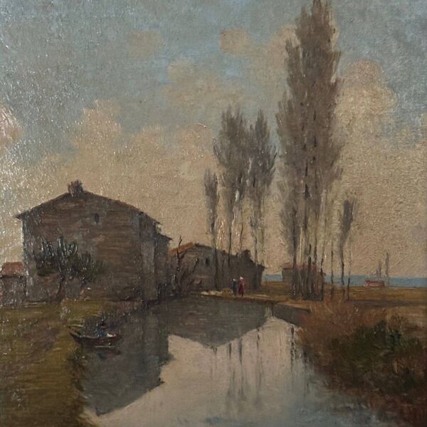 Huile sur carton par Paul Faugier paysage bord de rivière avec peupliers