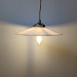 Vintage suspension in white opaline, elegant light fixture with soft light.