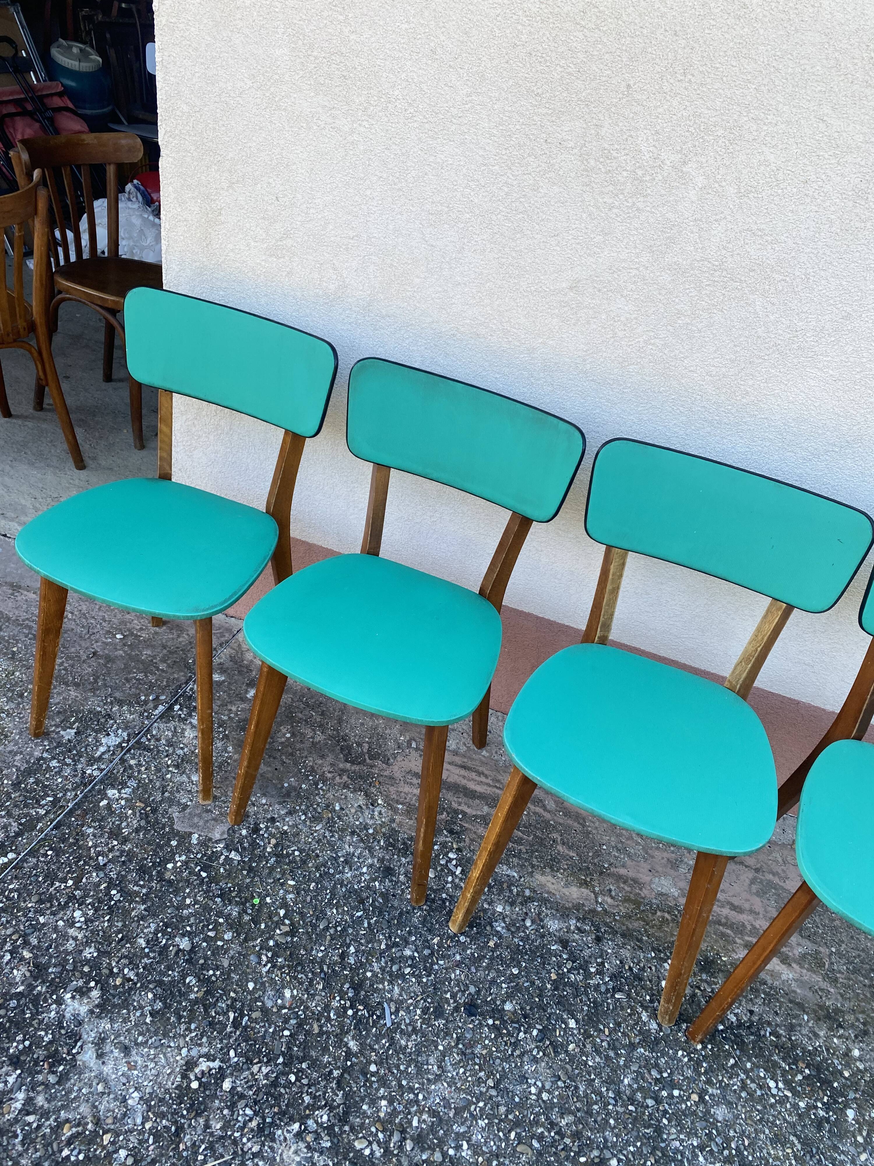 Chaises en skaï pied compas vintage bleu vert