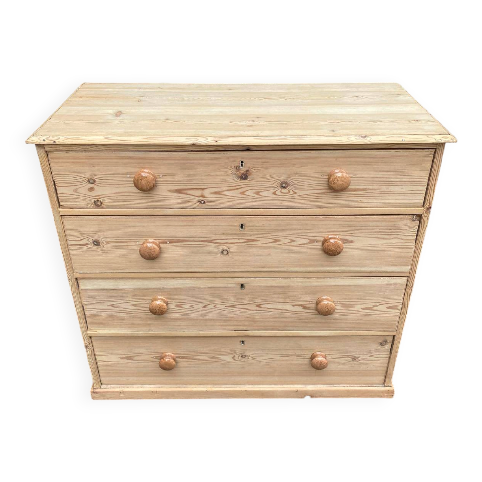 Commode victorienne du XIXe décapée en bois massif brut avec boutons cérami