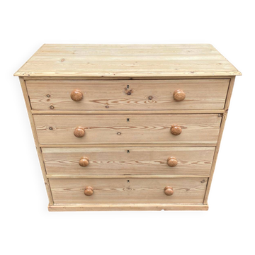Commode victorienne du XIXe décapée en bois massif brut avec boutons cérami