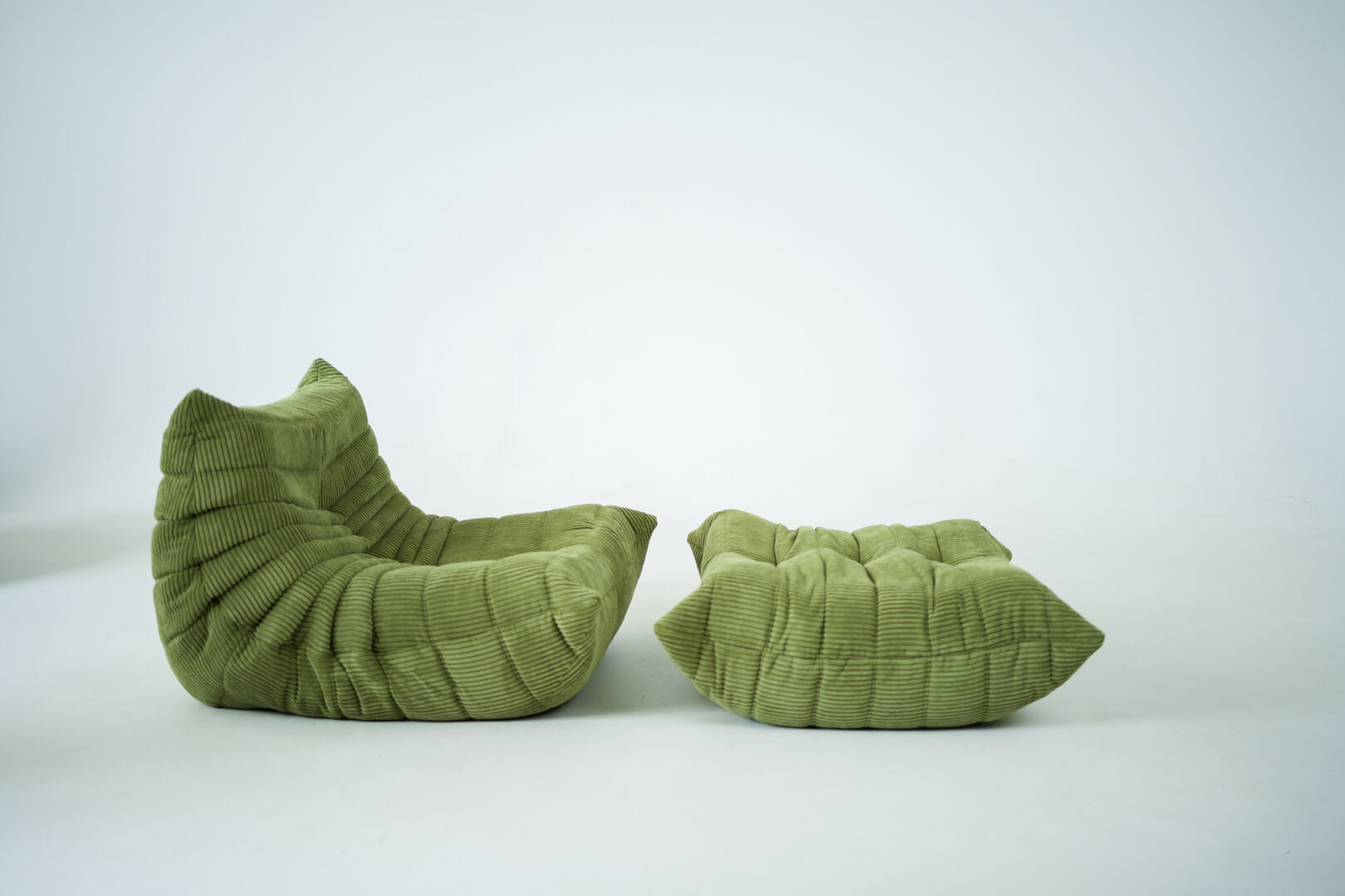 Togo Armchair and Pouf in Fresh green Corduroy