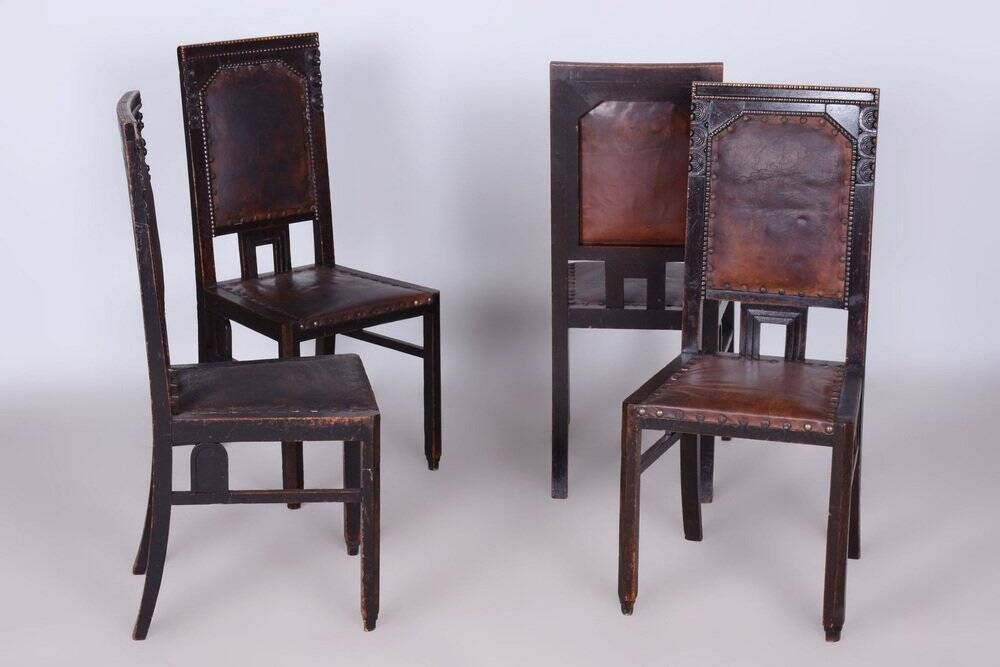 Czech Cubist Chairs in Oak and Red Leather by Josef Gočár, 1910s, Set of 4