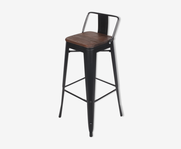 Chaise de bar de style industriel Métal noir et assise bois foncé avec  dossier hauteur 66cm | Selency
