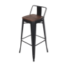 Chaise de bar de style industriel Métal noir et assise bois foncé avec dossier hauteur 66cm