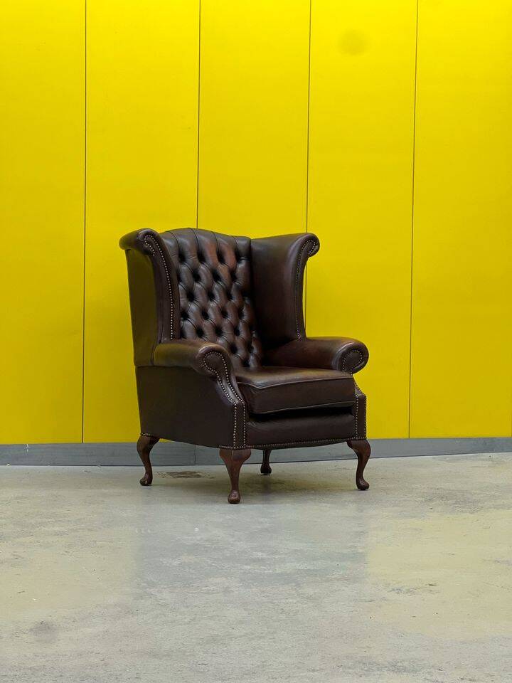 Vintage Brown leather chesterfield wingback armchair
