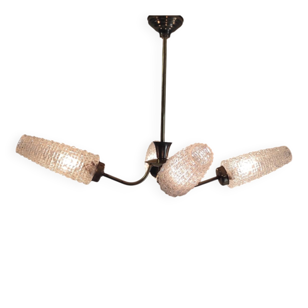 Lustre 4 feux en laiton et tulipes en verre - années 50/60 — Beyit