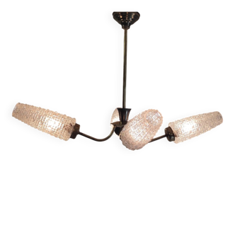 Brass chandelier with 4 lights and glass tulips - 1950s/60s