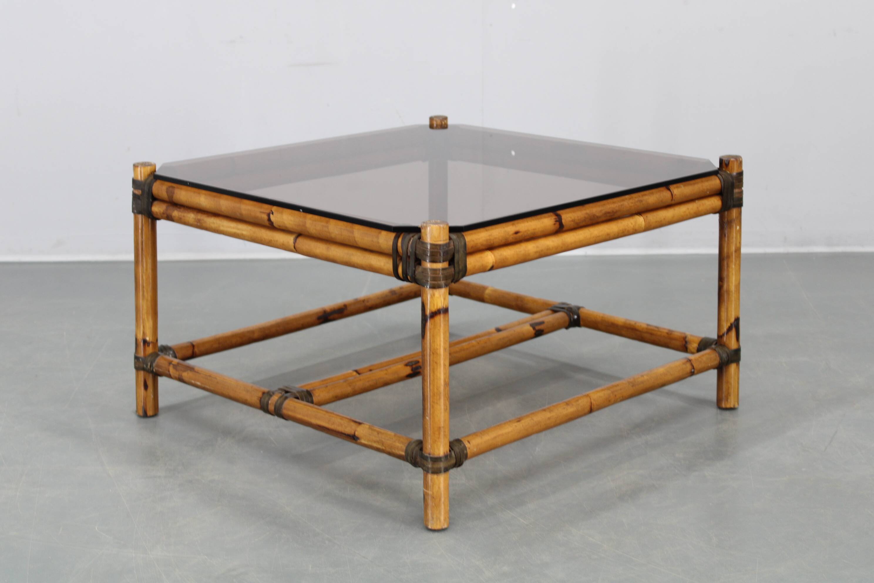 Vintage bamboo coffee table with smoked glass top