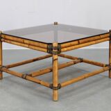 Vintage bamboo coffee table with smoked glass top