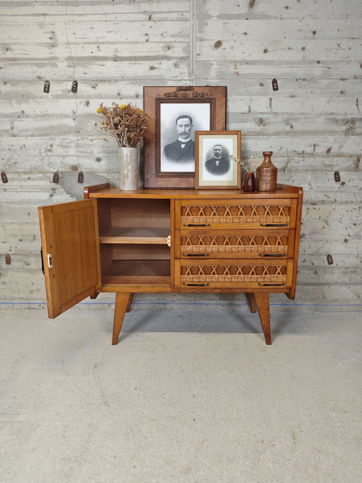 Buffet vintage bois et rotin
