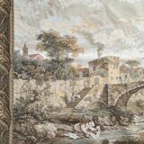 Tapisserie mécanique représentant paysage animé autour d'une village