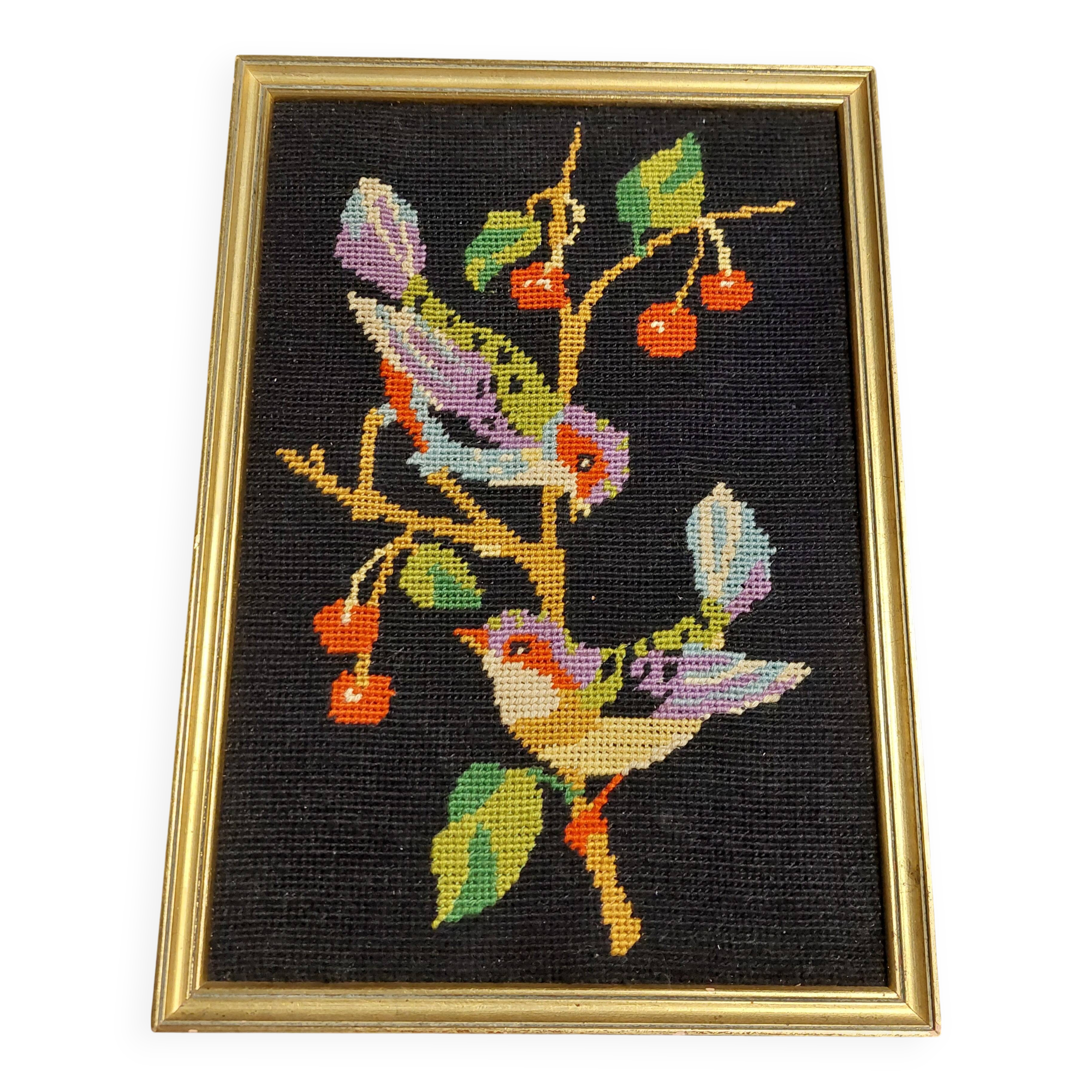 Tapisserie vintage encadrée oiseaux sur fond noir