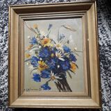 Old oil painting depicting a bouquet of flowers.