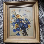 Old oil painting depicting a bouquet of flowers.