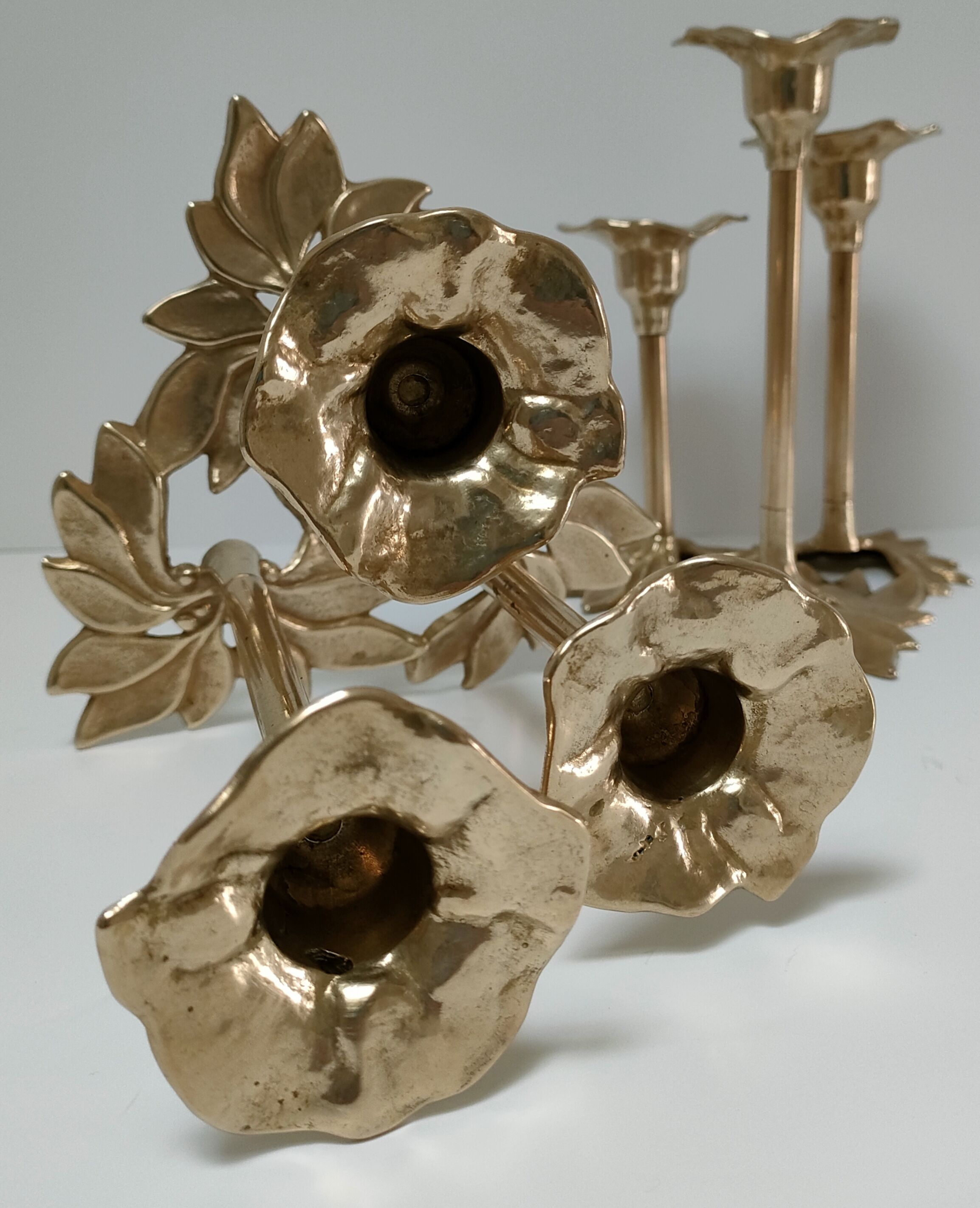 Pair of candlesticks solid brass vintage flowers