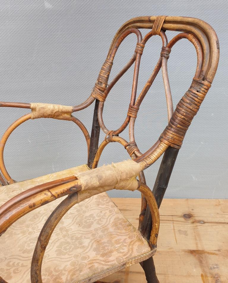 Children's armchair 1890 Chestnut, Rattan and damask velvet