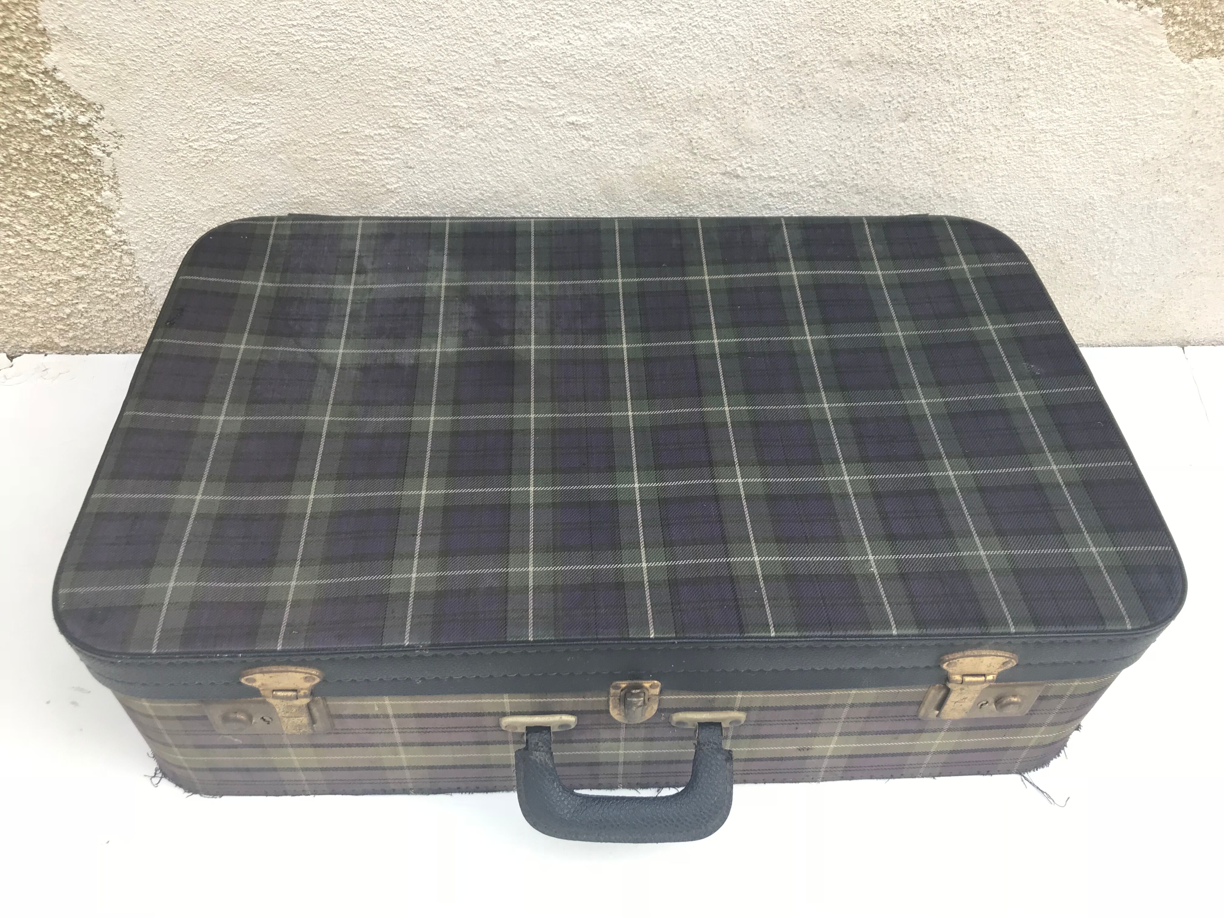 Old suitcase travel fabric Scots & brass + Cove black Vintage Leather trunk