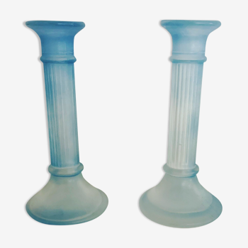 Pair of translucent blue candlesticks