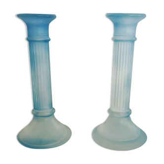 Pair of translucent blue candlesticks